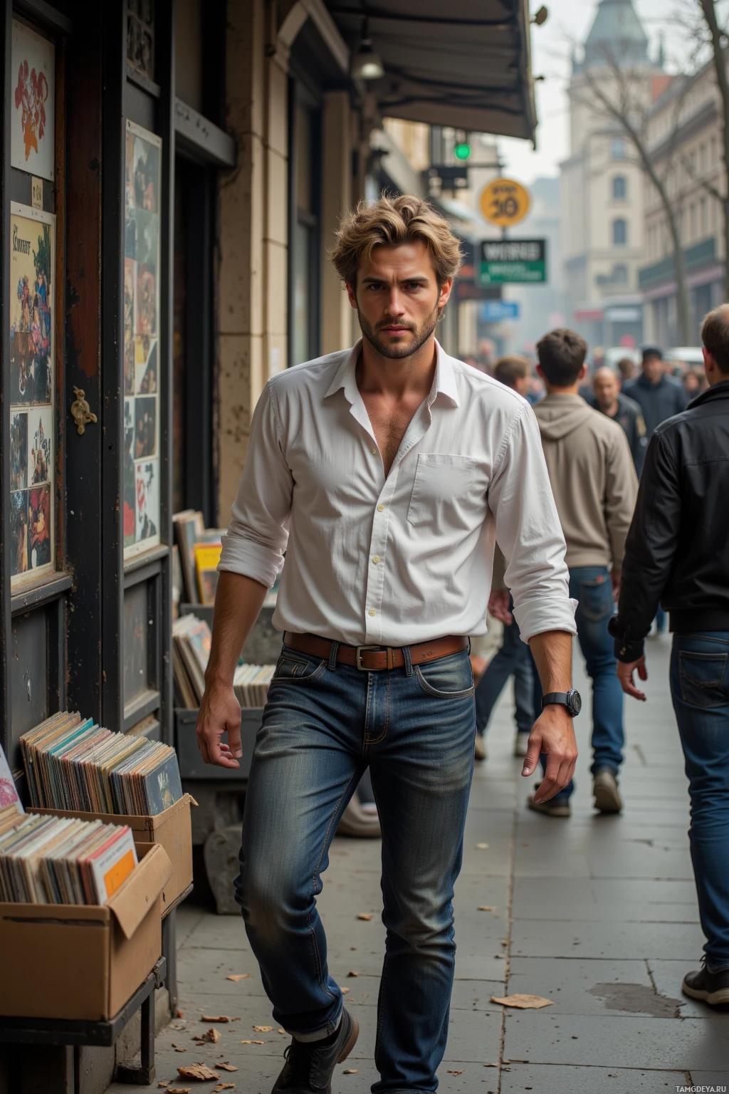 Realistic high quality photo. A 31‑year‑old man with tousled blond hair and piercing blue eyes, wearing a tailored white shirt, dark jeans, and black sneakers, walks past a dusty old vinyl shop with cracked glass, light spilling onto his notebook, laughing as a passerby trips over a forgotten scarf, surrounded by shelves of aged records and the scent of vinyl.