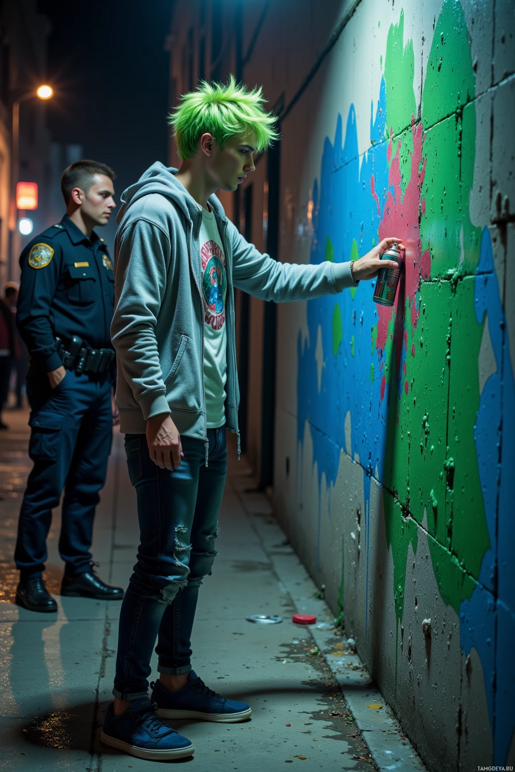 Realistic high quality photo. A 22‑year‑old man with messy spiky bright green hair, striking blue eyes, fair skin, wearing a graphic t‑shirt under a lightweight hoodie, jeans, and worn sneakers, stands in a dim alley at night, spray can in hand, splashing bright green and blue paint onto a blank concrete wall while police in shiny badges watch, the freshly sprayed colors glowing against the dark concrete.