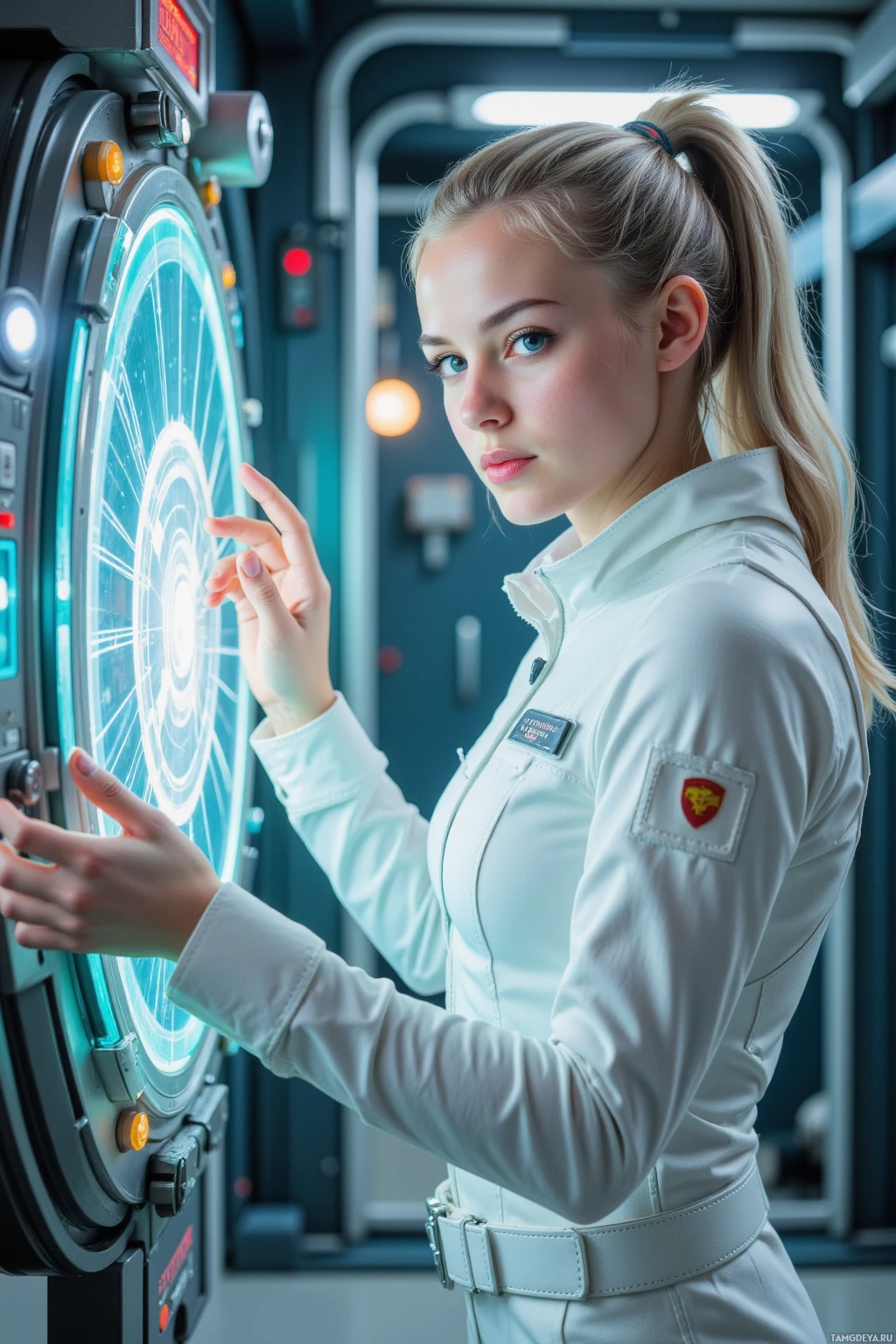 Realistic high quality photo. Female scientist, 24, silver hair in high ponytail, blue eyes, pale skin, wearing a white bodysuit with glowing blue accents and utility belts, standing in an afternoon reactor chamber with humming control panels and a suspended carbon lattice, adjusting a holographic interface with a focused, determined expression.