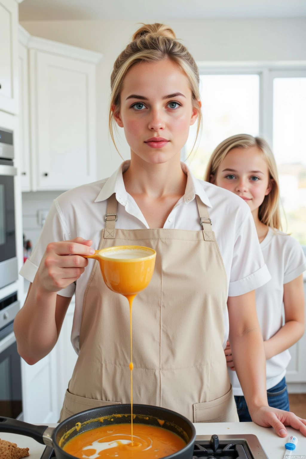 Realistic high quality photo. 36‑year‑old woman with tied‑back blonde hair, bright blue eyes, pale skin, wearing a cozy apron over a white blouse and dark jeans, standing in a bright modern kitchen at midday, holding a measuring cup with a small spill, a child smiles beside her, a pot of pumpkin‑avocado mixture with a drizzle of coconut milk steams on the stove, a pH test strip and kitchen tools scattered on the counter.