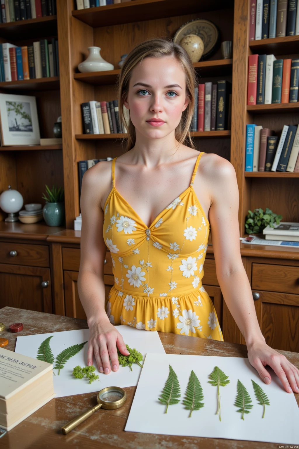 Realistic high quality photo. A 35‑year‑old woman with light brown hair in a neat low ponytail, blue eyes, pale skin, wearing a soft yellow sundress with white floral patterns, arranges pressed silver‑leafed ferns labeled like rare volumes on a wooden workbench in a cozy home study, beside a dusty monograph on mosses, a brass magnifying glass, and a whimsical illustration of a talking carnivorous plant, with a small puddle of spilled water from a neighbor’s over‑watering dripping onto the bench, late afternoon light.