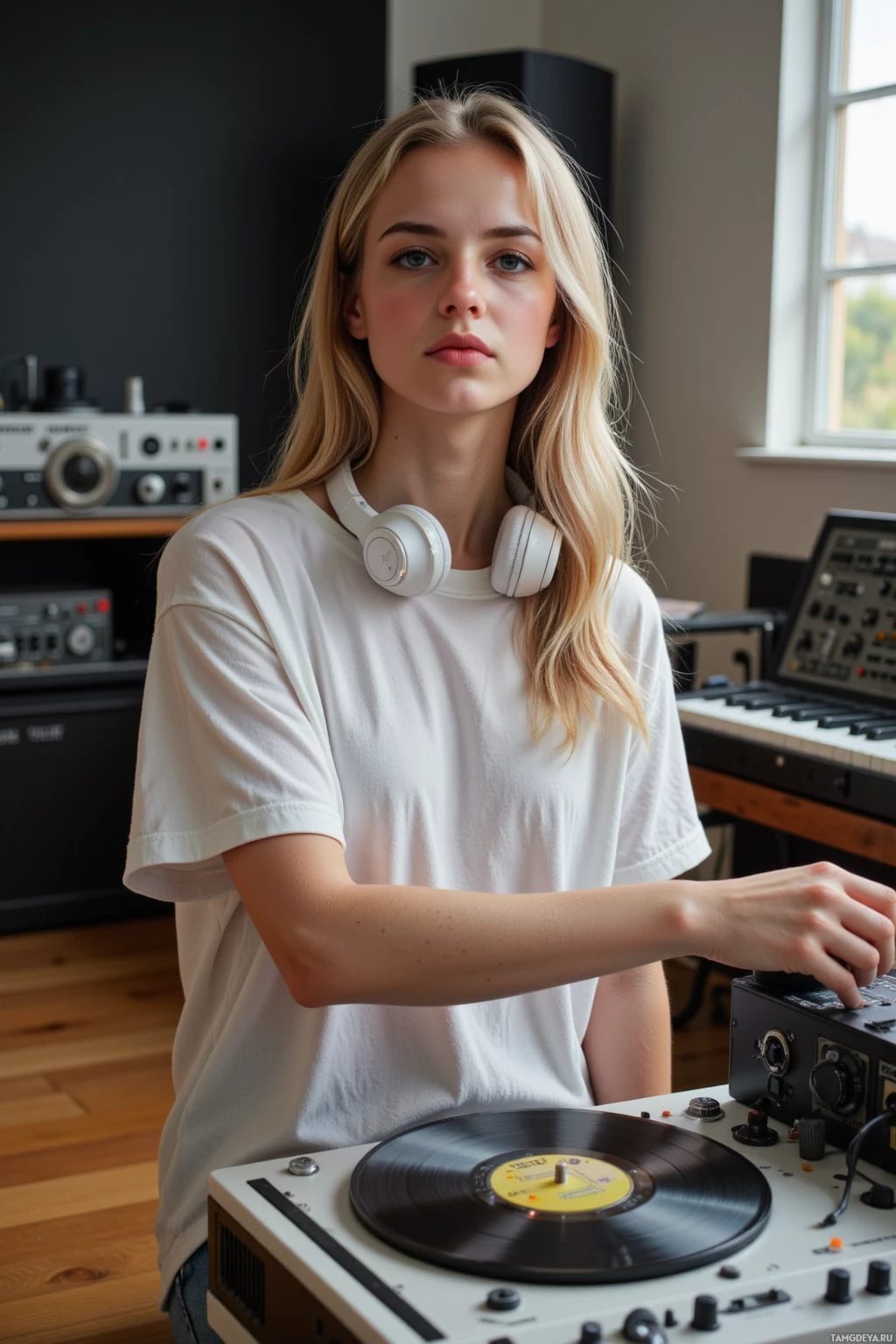 Realistic high quality photo. Woman, 26, soft blonde hair, pale skin, blue eyes, wearing a loose t‑shirt and jeans, white headphones around her neck, sits in a modern studio with an old record player, a synth and mixing console on polished floorboards, late afternoon light filtering through the window, she appears calm yet slightly frustrated as she adjusts the equipment.