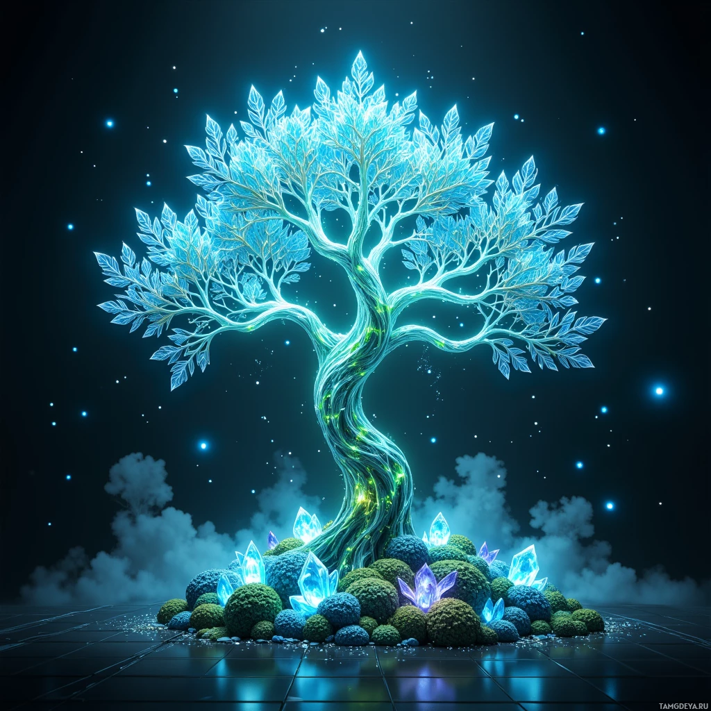 Semi-abstract image with many light, that is suitable for the post:  A living data tree with translucent crystal‑like branches, a glowing bioluminescent LED canopy, leaf‑shaped miniature heat‑pump panels, a carbon‑capture core, and embedded silicon nanoparticles, all shimmering in cool blue‑green and silver tones.