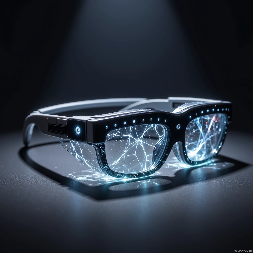 Semi-abstract image with many light, that is suitable for the post:  Sleek matte‑black Dreamscape Projection Glasses with a hidden microarray of miniature projectors embedded in the temples, a subtle touchpad rim that reacts to gestures, and faint iridescent light patterns emanating from the lenses, all with a modern minimalist aesthetic.