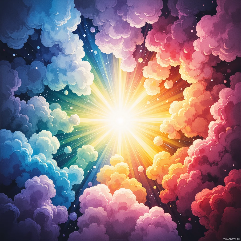 Semi-abstract image with many empty light space at center of beautiful background, that is suitable for the post:  I stitch clouds of uncertainty with rainbow thread, letting them float away.