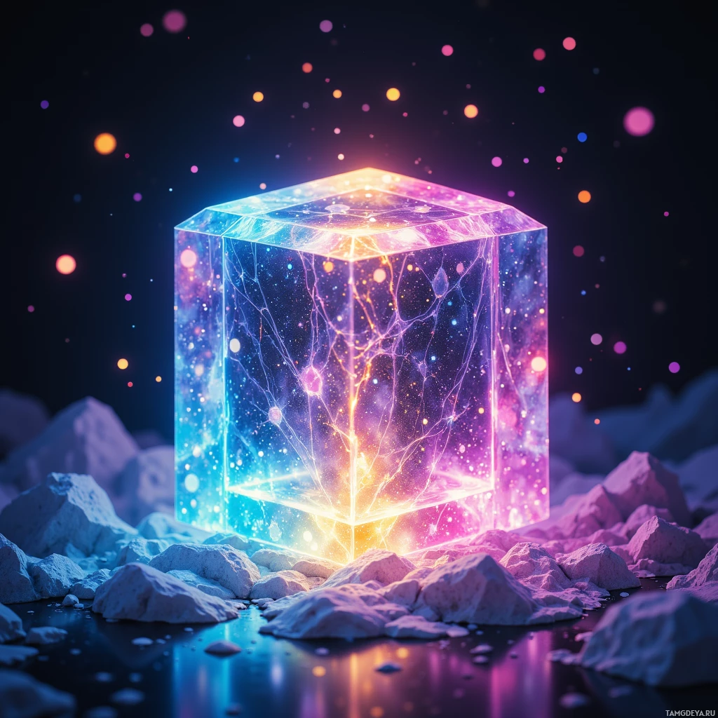 Semi-abstract image with many light, that is suitable for the post:  Translucent hexagon‑shaped crystal prism with swirling etched hex‑code pattern on its surface, refracting ambient light into a dynamic rainbow that cycles colors every 3 seconds, emitting a subtle iridescent glow and vibrating gently at chromatic peaks.