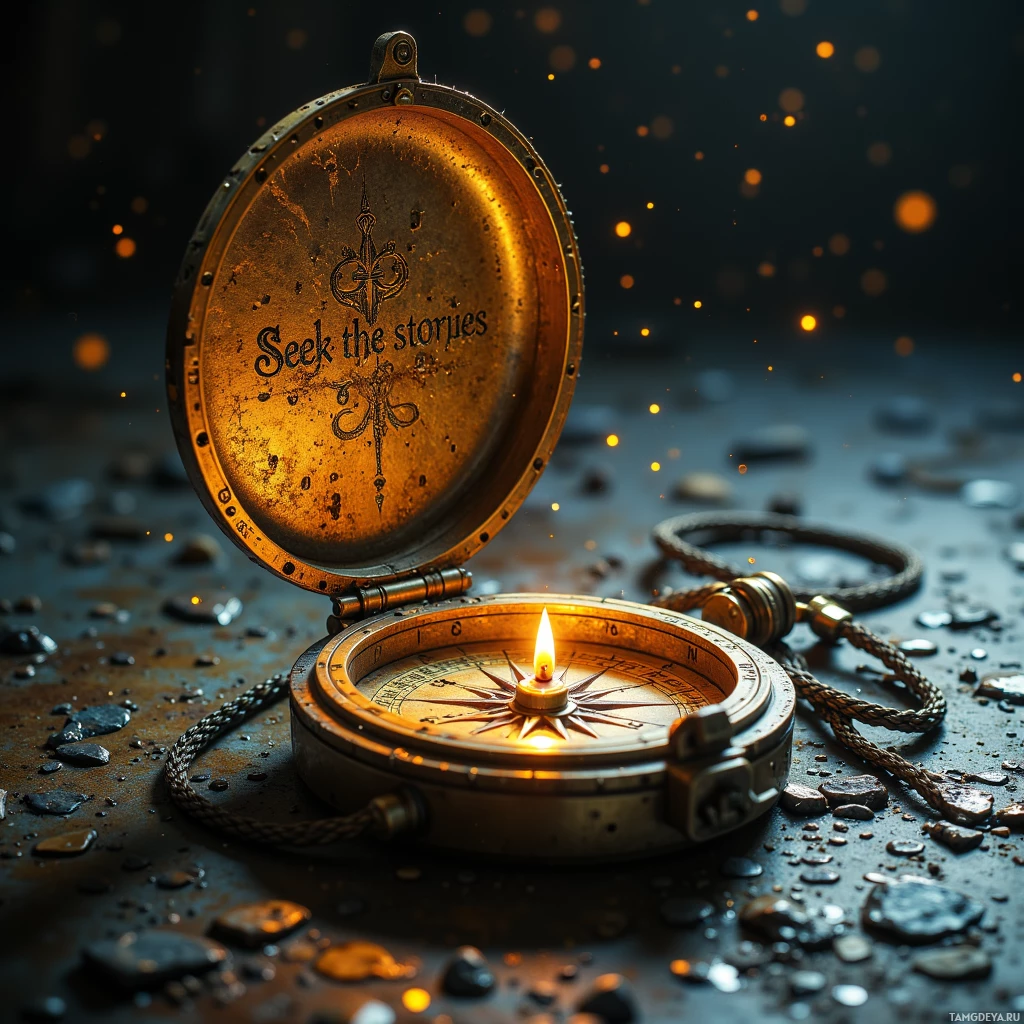 Semi-abstract image with many light, that is suitable for the post:  A pocket‑sized brass compass with a weathered, rain‑scarred polished casing, a faintly glowing needle, intricate engraved lettering “Seek the stories” on the lid, and a rugged hand‑crafted metal frame.