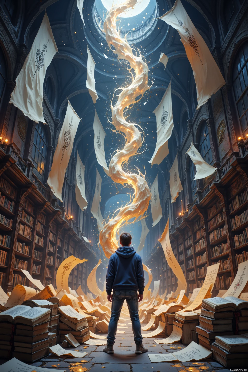 Realistic high quality photo. A 31‑year‑old man with short brown hair, blue eyes, fair skin, rounded features, wearing a casual hoodie and sneakers, stands in a moonlit, cavernous library of floating parchment, swirling firefly‑like glyphs rising from the pages as luminous ink trails form an unfinished, shifting galaxy above his quill.
