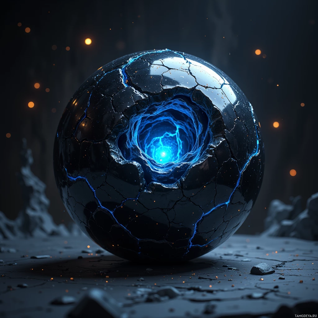 Semi-abstract image with many light, that is suitable for the post:  Obsidian fist‑sized orb, glossy liquid‑black surface that absorbs all light, etched with faint pulsing sigils, a subtle dark core glowing in deep midnight blue, matte black with swirling shadowed accents.