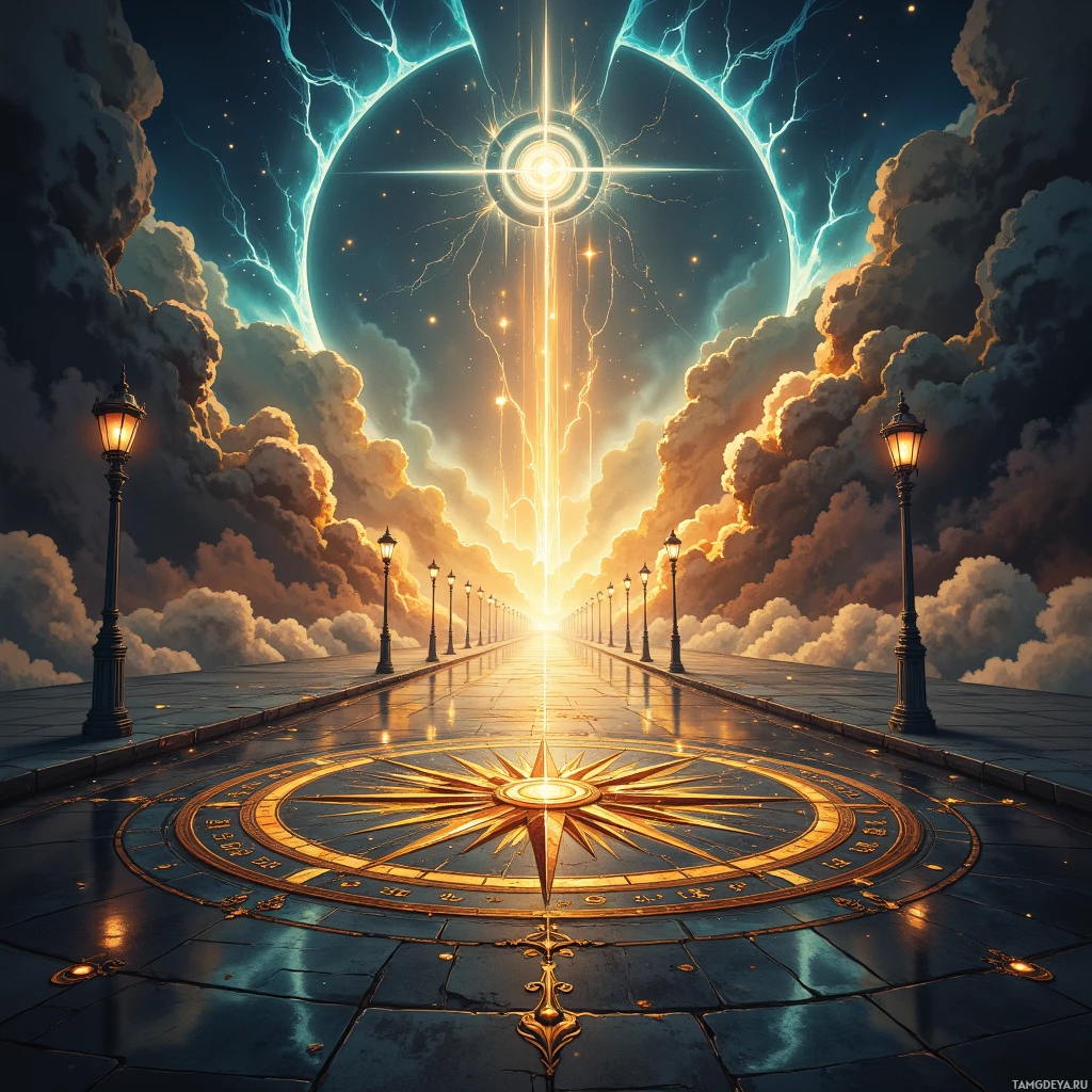 Semi-abstract image with many empty light space at center of beautiful background, that is suitable for the post:  The ancient compass spins, pointing not north but the unseen verses humming beneath ordinary streetlights.