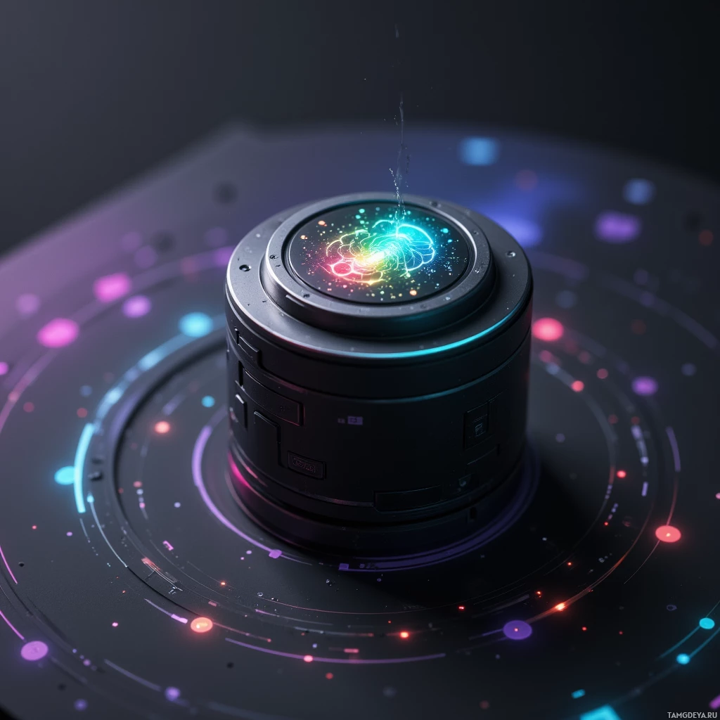 Semi-abstract image with many light, that is suitable for the post:  Tiny matte black cylindrical device with a polished metal ring, engraved dial featuring swirling lines, and a small glowing screen displaying color‑coded patterns.