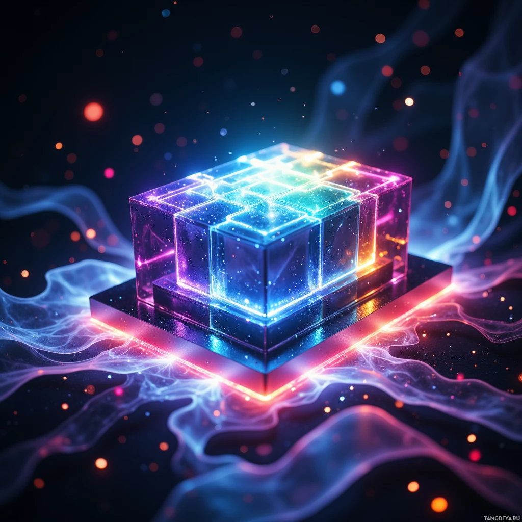 Semi-abstract image with many light, that is suitable for the post:  pocket‑sized photonic prism with a polished sapphire casing, graded‑index glass micro‑lens array, tiny gyroscopic sensor, refracting ambient light into a programmable spectrum, glowing edges forming a living color gradient, miniature waveguide‑like curvature.
