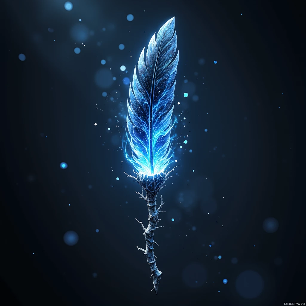 Semi-abstract image with many light, that is suitable for the post:  tiny obsidian core with intricate luminous rune web pulsing faint blue glow, curling branch handle, silver feather tip emitting a glowing ink trail.