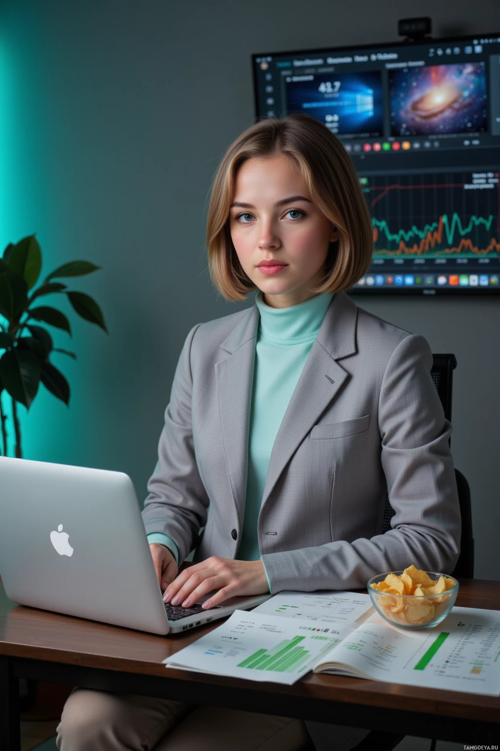 Realistic high quality photo. A 28‑year‑old woman with light brown short‑bob hair and blue eyes, wearing a pale gray blazer over a soft blue turtleneck and beige trousers, sits at a tidy home office desk at night, scrolling a laptop screen that displays a pale green snack chart with a crunchiness index of 42.7 while a predictive mood line chart projects on the wall and stacks of spreadsheets detailing fictional universes sit beside a bowl of crisps, reflecting her methodical, data‑centric routine.