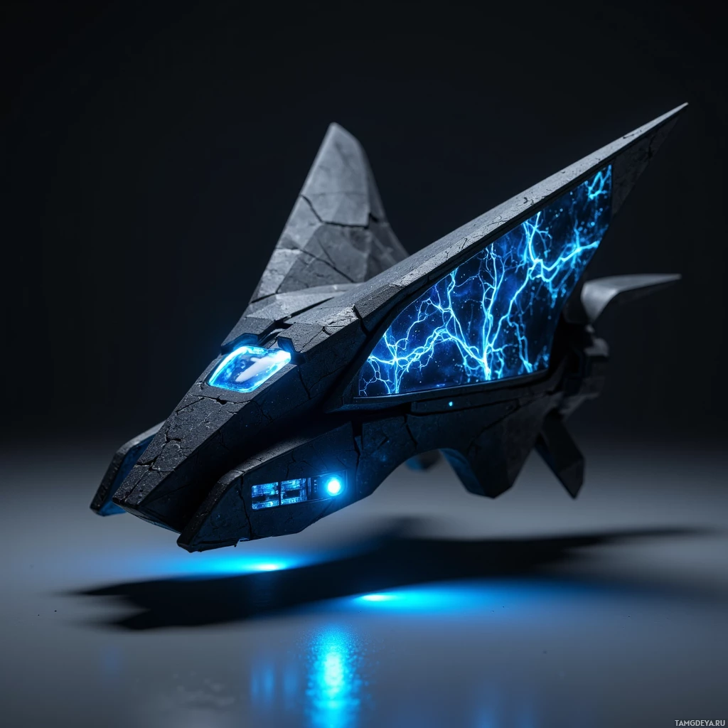 Semi-abstract image with many light, that is suitable for the post:  Sleek black carbon‑fiber origami‑folded frame with translucent heart‑rate pulsing panels, a single glowing blue thruster, magnetic levitation, futuristic minimalist design.