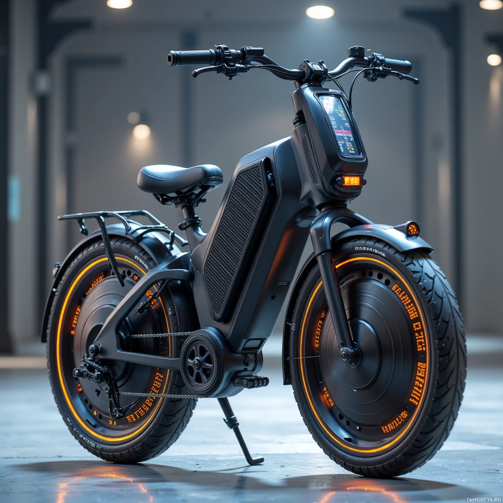 Semi-abstract image with many light, that is suitable for the post:  A hyper‑light folding e‑bike folded into a palm‑sized cube, matte black carbon‑fiber frame with delicate ribs, integrated solar panels, and a sleek digital display.