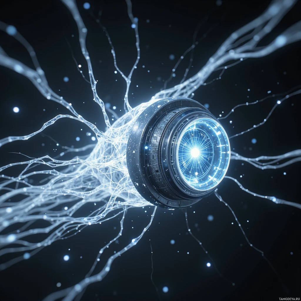 Semi-abstract image with many light, that is suitable for the post:  compact crystal‑etched silver alloy cylinder with ribbed nano‑filaments pulsing like veins, a lattice of tiny micro‑actuators embedded within, and a translucent holographic interface that shifts with glowing neural impulses, all rendered in sleek, futuristic sci‑fi style.