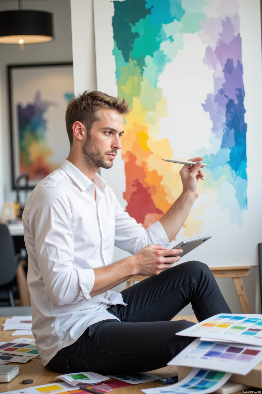 Realistic high quality photo. A 24‑year‑old man with short light‑blonde hair, blue eyes, pale skin, wearing a white shirt and sleek black pants, sits in a modern studio at midday, intensely focused on a whiteboard covered in swirling teal, mustard, and muted lilac color blocks, with a tablet in hand and a clutter of color reference sheets around him.