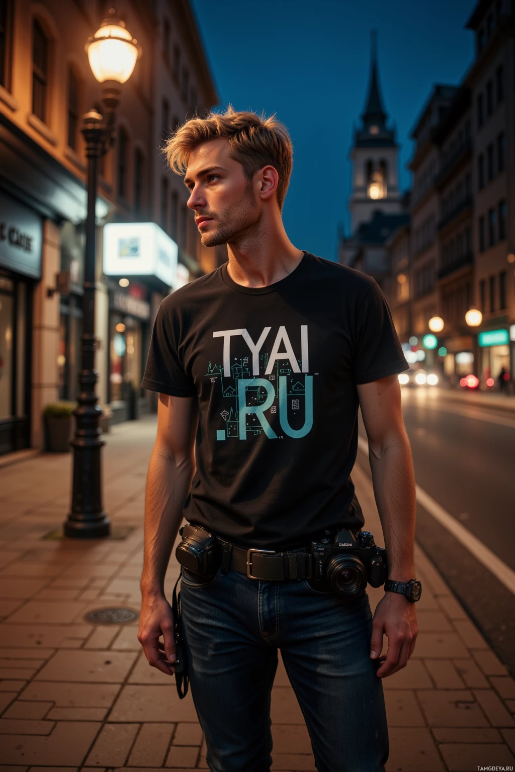 Realistic high quality photo. A 27‑year‑old man with tousled blonde hair, blue‑green eyes, pale skin, wearing a black graphic t‑shirt and dark jeans, holding a camera with lens cases on his belt, standing alone under a flickering streetlamp on an empty city sidewalk at night, looking pensively at the dim streets.