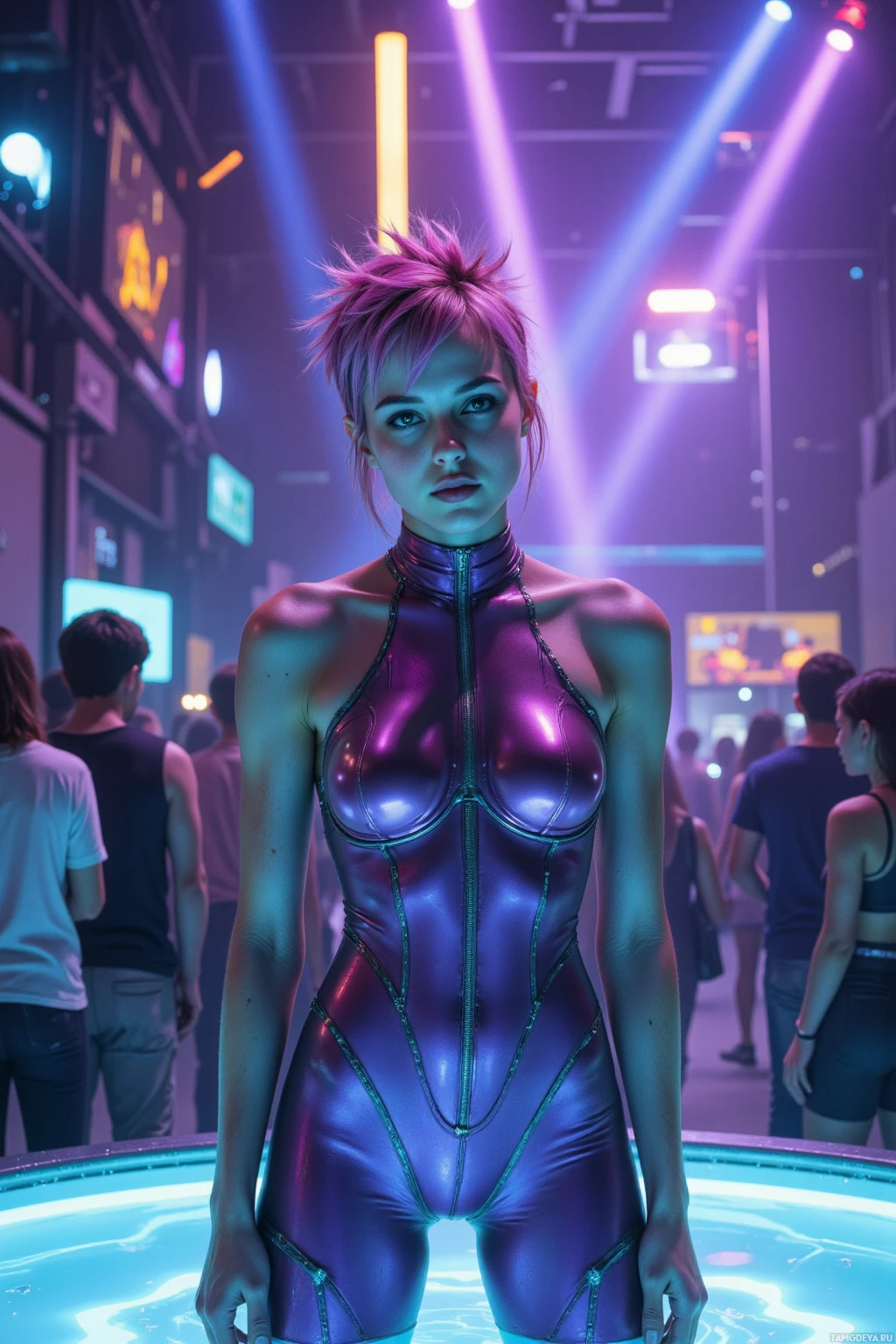 Realistic high quality photo. 24‑year‑old woman with short spiky neon pink hair and electric blue streaks, green eyes, porcelain skin, wearing a high‑neckline jumpsuit iridescent purple and silver with glowing accents, dancing on a floating platform at the edge of a glowing electric tide inside a futuristic nightclub studio, glitching digital displays flickering, crowd in silhouette, synth pulses reverberating, late‑night electric playground.