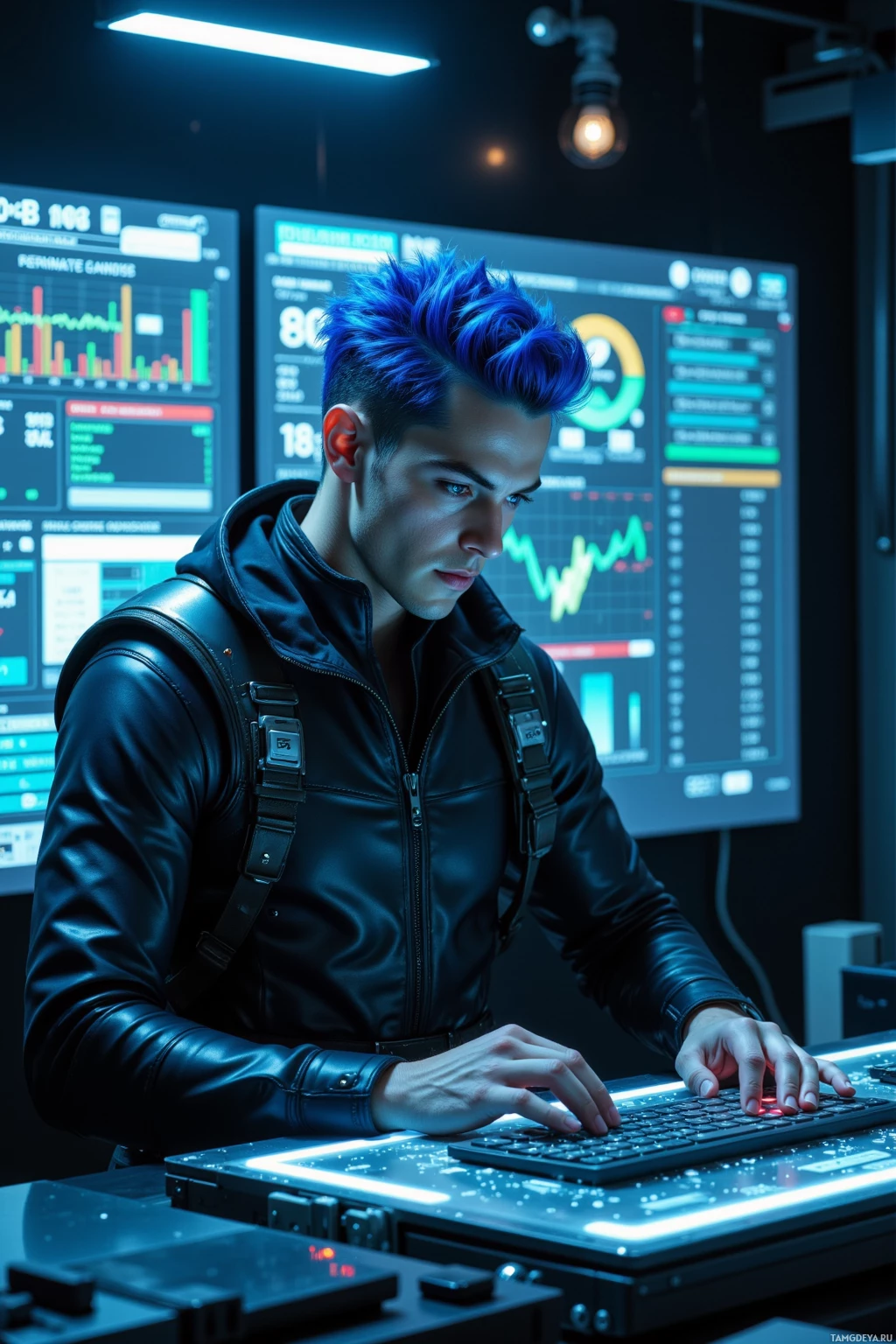 Realistic high quality photo. 29‑year‑old man with cobalt‑blue pompadour, bright blue eyes, pale skin, wearing a sleek black jumpsuit with metallic plating and utility belts, methodically tightening a firewall in a dimly lit cybernetic control room surrounded by holographic data logs, glitching traffic displays, and a floating holographic keyboard, focused and calm.