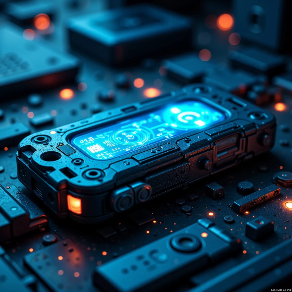 Semi-abstract image with many light, that is suitable for the post:  A pocket-sized holographic multitool wrapped in sleek carbon fiber, its matte finish gleaming with a glowing neon blue holographic interface projecting from its surface, compact and futuristic.
