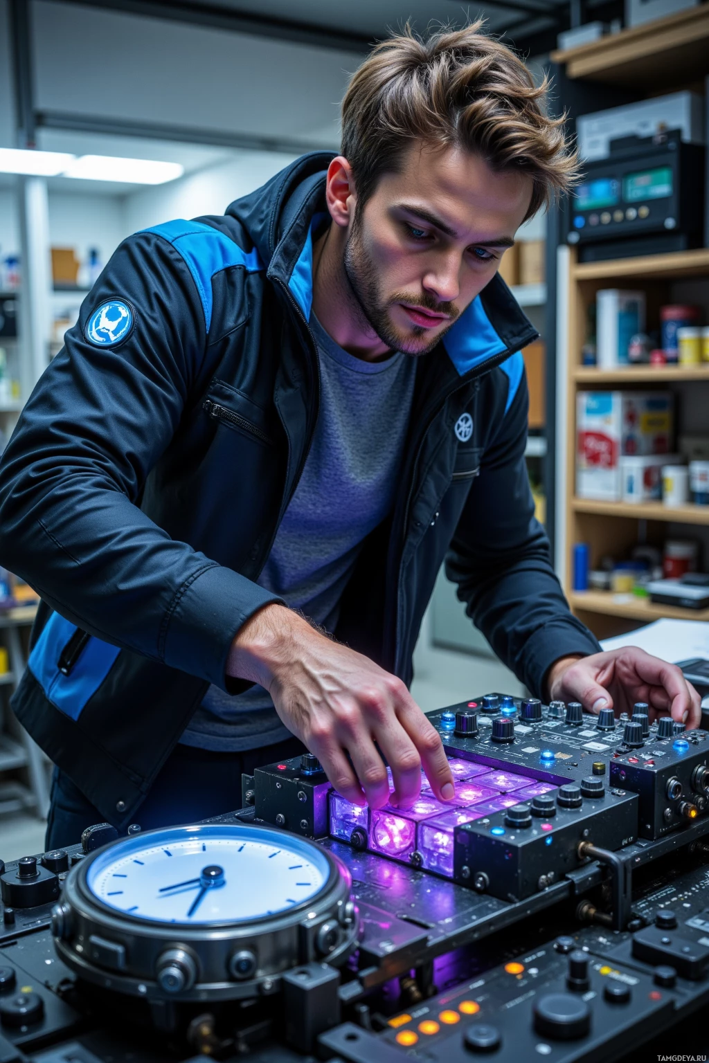 Realistic high quality photo. A 35‑year‑old man with short messy light brown hair, bright blue eyes, athletic build, wearing a sleek futuristic jacket with glowing blue accents, bent over a rogue gear he’s turning into a kinetic drum kit inside a humming sci‑fi workshop, with a glowing alarm clock transformed into a percussion rack and a chassis resonating with bass.