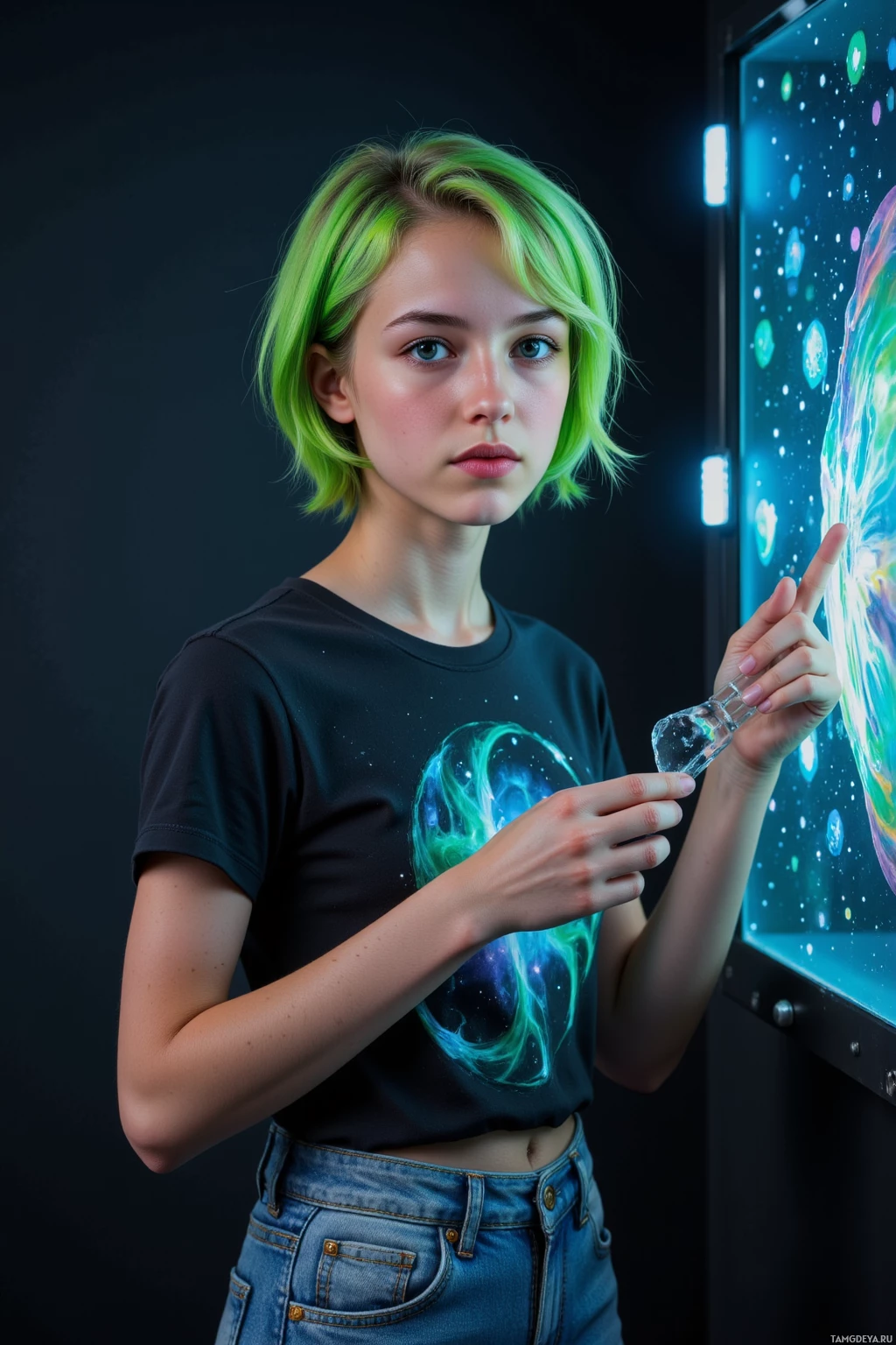 Realistic high quality photo. A young woman with bright green messy bobbed hair, blue‑green eyes, fair skin, wearing a black graphic t‑shirt, high‑waisted denim jeans and white Converse sneakers, stands in a dim holographic studio, slipping a shard of nebula glass into a holo‑sculpt, its iridescent glow bleeding across the walls while floating pixels swirl like fireflies in a black‑hole‑like void, her hands trembling with excitement.