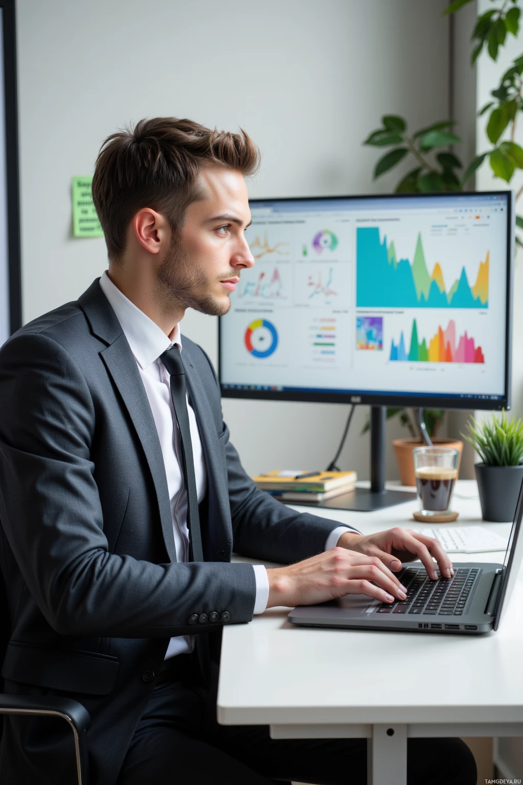 Realistic high quality photo. A 34‑year‑old man with short light brown hair, blue eyes, pale skin and sharp features, wearing a tailored dark gray suit, crisp white shirt, and slim black tie, sits at a modern office desk at midday, intensely typing on a laptop whose screen displays a chaotic, color‑mixed dashboard with broken pivot tables, while a sticky note on the monitor reads “Expecting predictability, not surprise” and a glass of coffee sits beside him, his expression calm yet methodical.