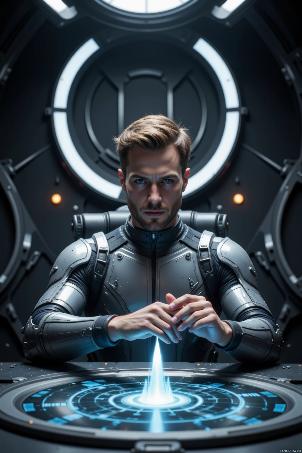 Realistic high quality photo. 35‑year‑old man with light brown short hair, blue eyes, pale skin in a sleek silver‑gray techsuit with segmented panels, seated at a dark metallic table in a dimly lit sci‑fi negotiation chamber, manipulating a translucent baton over a holographic tactical grid where a glowing pawn icon moves, his expression composed and distant, ambient low hum of machinery.
