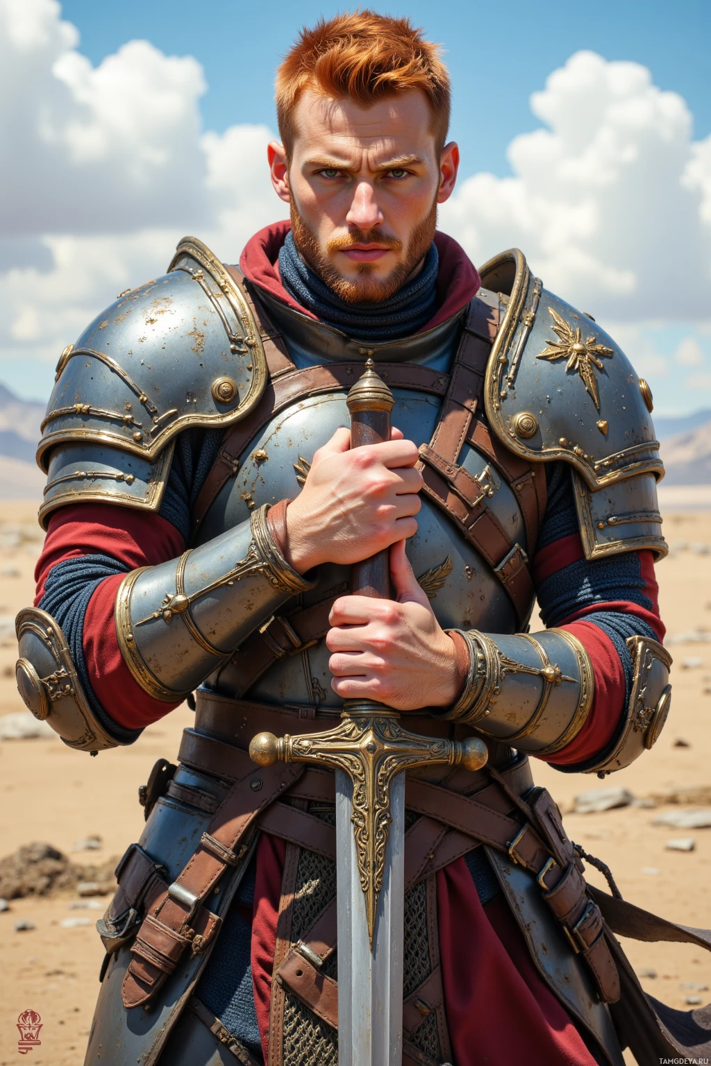Realistic high quality photo. Male, 38, muscular, fiery red hair, sharp green eyes, fair skin, wearing rugged battle armor with intricate metal plates and leather straps, polishing a gleaming sword on a war‑torn plain at midday, determined stance.