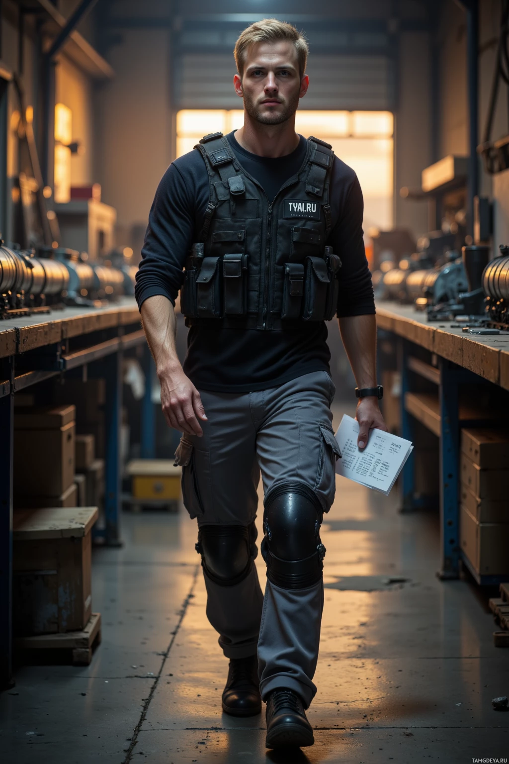 Realistic high quality photo. 34‑year‑old male with very short blonde hair, blue eyes, pale skin, wearing a black tactical vest and fitted grey cargo pants, briskly walking along a dimly lit warehouse perimeter at dawn, holding a laminated checklist, eyes fixed ahead, a tidy workbench with model trains lined up in the background.