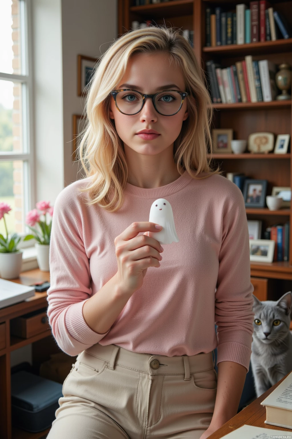 Realistic high quality photo. A 27‑year‑old woman with soft curly blonde hair, bright blue eyes, round glasses, pastel pink sweater, light beige trousers, loafers, stands in a tidy home study lined with books, holding a tiny dust mote like a ghost while a gray cat watches, morning light filtering through a window.