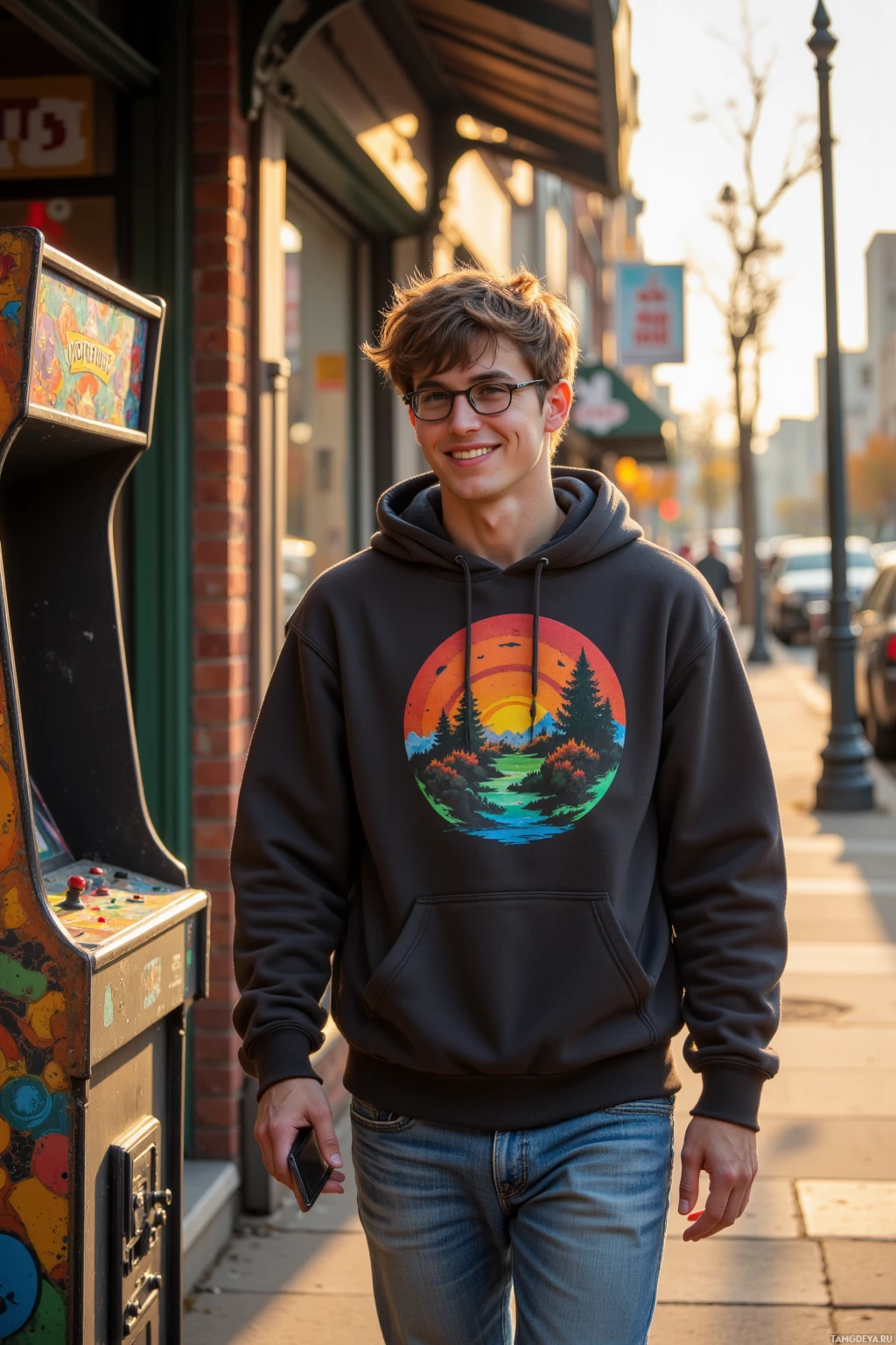 Realistic high quality photo. A 20‑year‑old man with messy brown hair, round glasses, and a casual hoodie featuring a vintage game logo, walking down Maple Street in the late afternoon, smartphone in hand, stopping to grin at a dusty old arcade cabinet behind a thrift shop as sunlight streams through the shop windows.