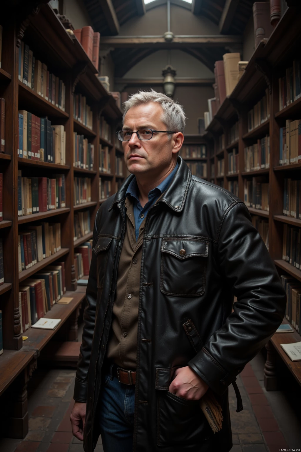 Realistic high quality photo. A 34‑year‑old man with short gray hair, pale skin, blue eyes behind glasses, wearing a simple leather jacket over a shirt, stands in a dimly lit old library aisle lined with tall wooden shelves of dusty books, holding a stack of pages, pausing to listen with a handwritten note tucked into his pocket, the scene bathed in early afternoon light and a quiet, contemplative atmosphere.