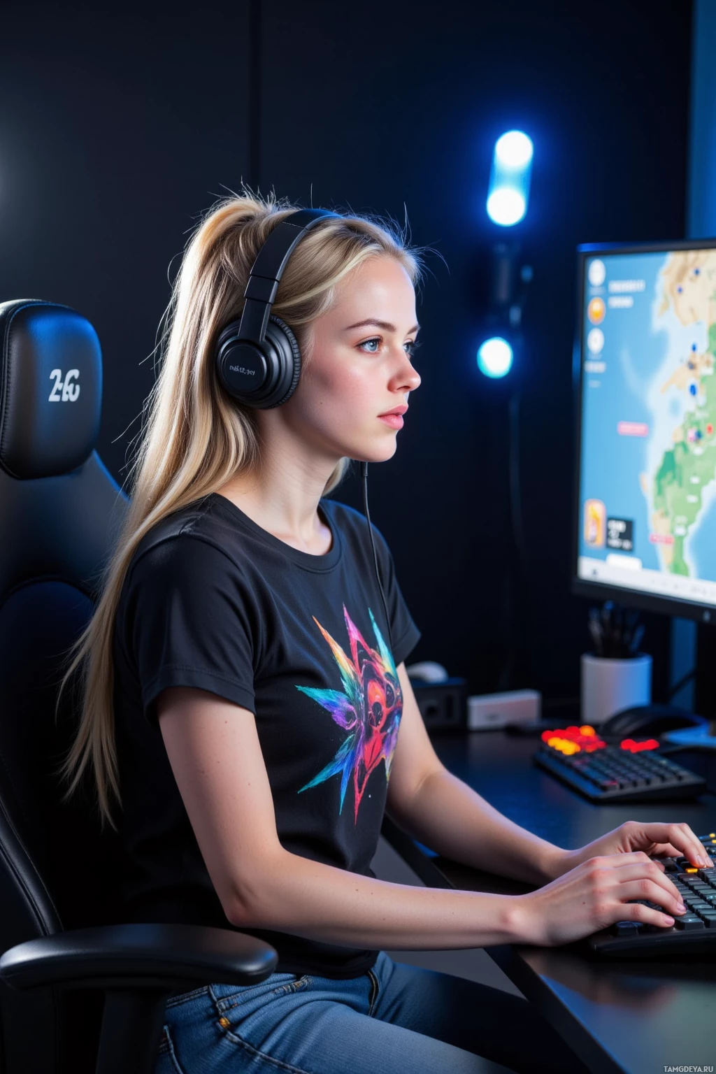 Realistic high quality photo. A 26‑year‑old woman with long blonde ponytail and bright blue eyes, wearing a casual gaming t‑shirt, headphones, and jeans, sits in a dim home office with a glowing monitor showing a map overlay and vibrant win indicators, her hands poised on the keyboard, radiating focused excitement for her next streaming challenge.