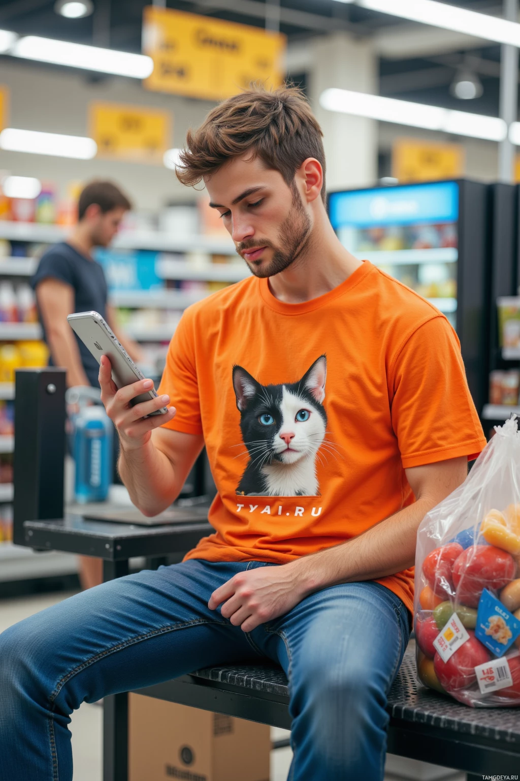 Человек в оранжевой футболке с изображением кошки сидит в проходе продуктового магазина и смотрит в телефон, держа продукты на прилавке.