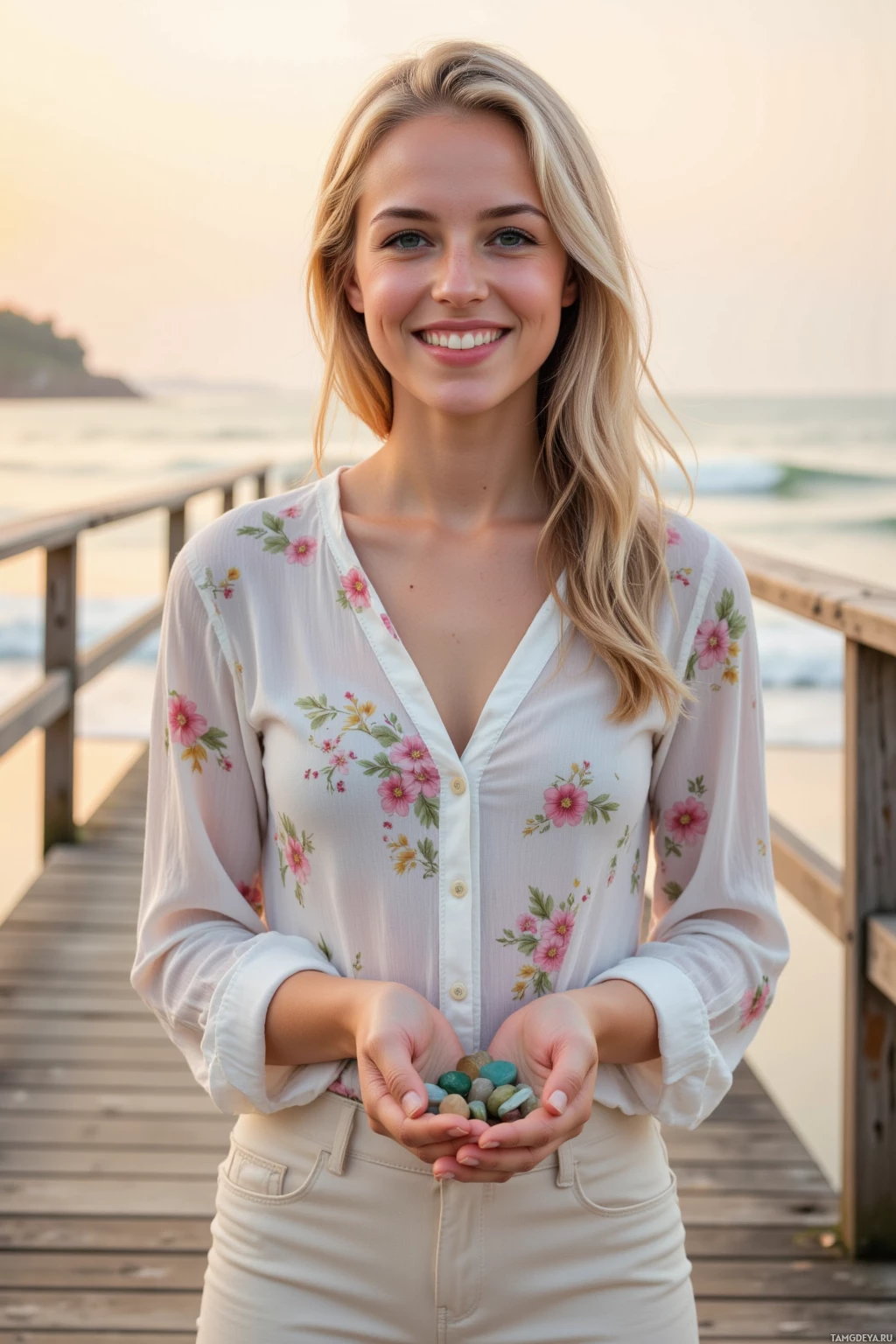 Realistic high quality photo. A radiant 26‑year‑old woman with platinum blonde loose waves, bright blue eyes, fair skin, wearing a light floral blouse and soft pastel trousers, smiles happily on a wooden pier at sunset, holding a handful of sea glass while gentle waves lap the shore and a breeze lifts her hair, embodying joyful optimism.