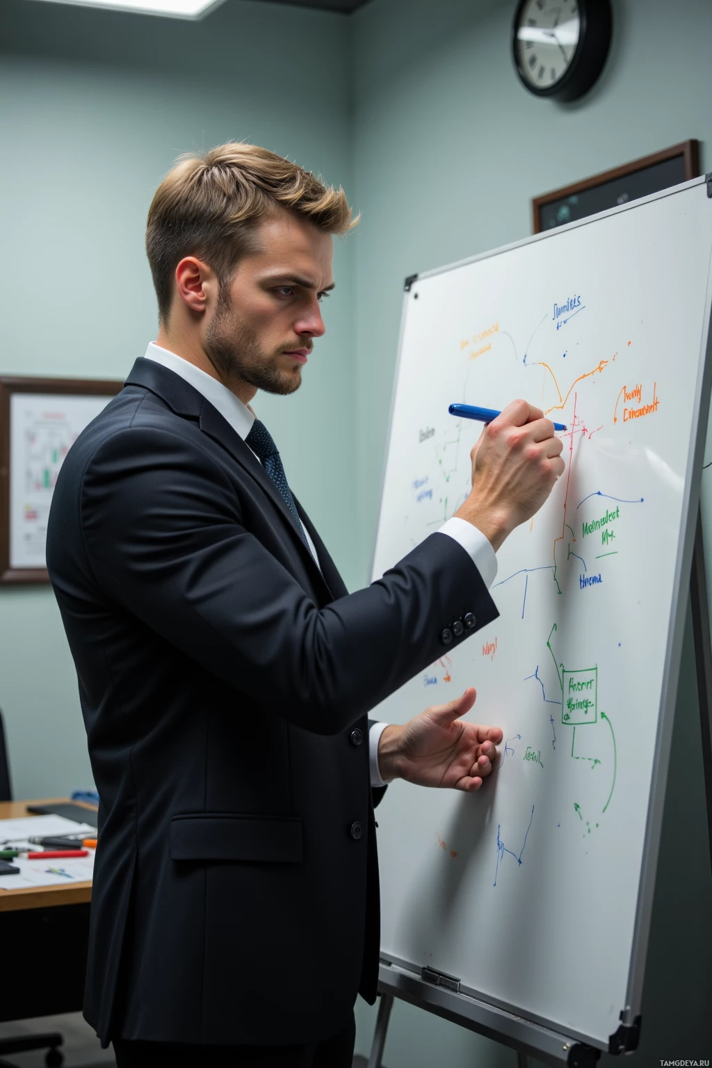 Realistic high quality photo. A tall muscular man in a crisp black suit, short light brown hair, blue eyes, pale skin, intensely sketching clean strategic lines on a whiteboard in a late‑afternoon office with a wall clock ticking, pens and markers scattered, his expression focused yet impatient.