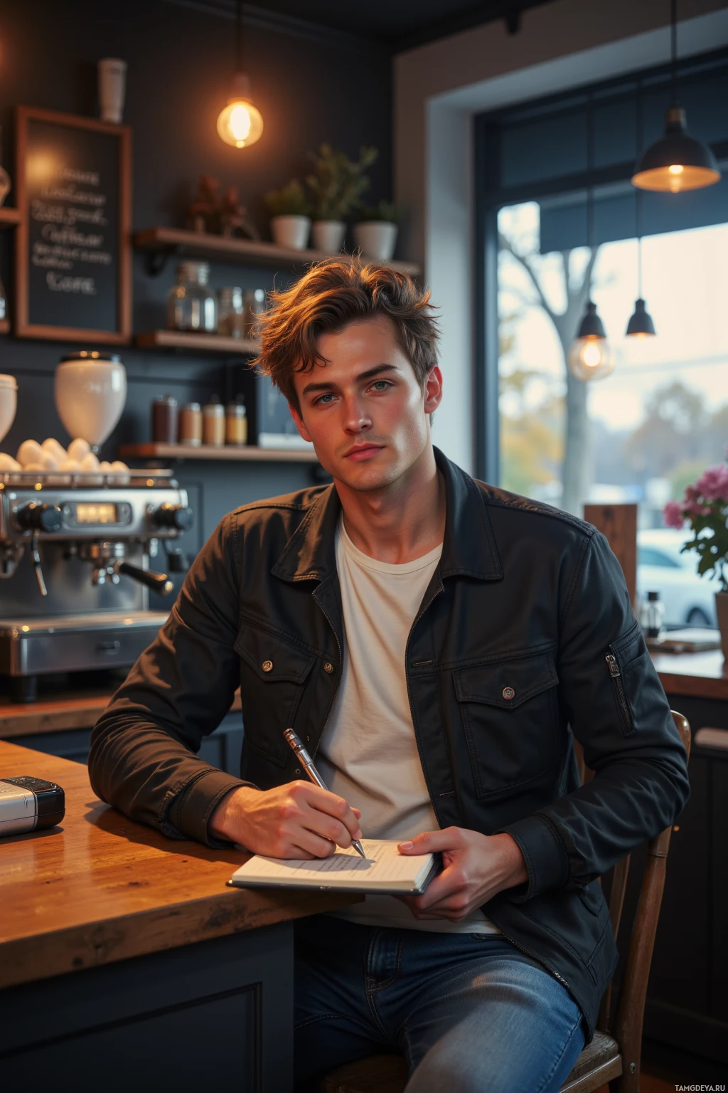 Realistic high quality photo. A lean 29‑year‑old man with messy brown hair and blue eyes, wearing a casual jacket over a simple t‑shirt and jeans, sits at a wooden counter in a cozy modern coffee shop, writing in a forgotten notebook pulled from an espresso drawer while a steaming espresso machine hisses in the background, bathed in soft late‑evening moonlight.