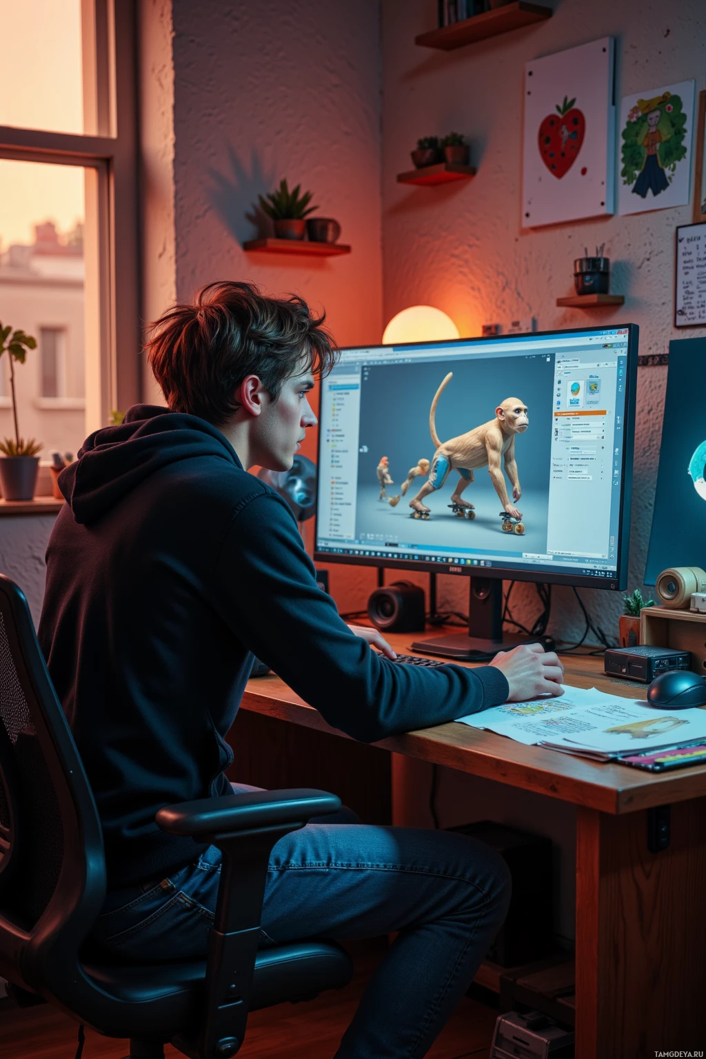 Realistic high quality photo. Modern studio interior at dawn, a 29‑year‑old man with messy light brown hair and blue eyes in a black hoodie and faded jeans intensely focused on a computer screen showing a 3D rig of a monkey on roller skates, a low‑friction spline dissected with meticulous precision, surrounded by printed flowcharts and a file labeled “cursedRig_v2.7” on the desk.