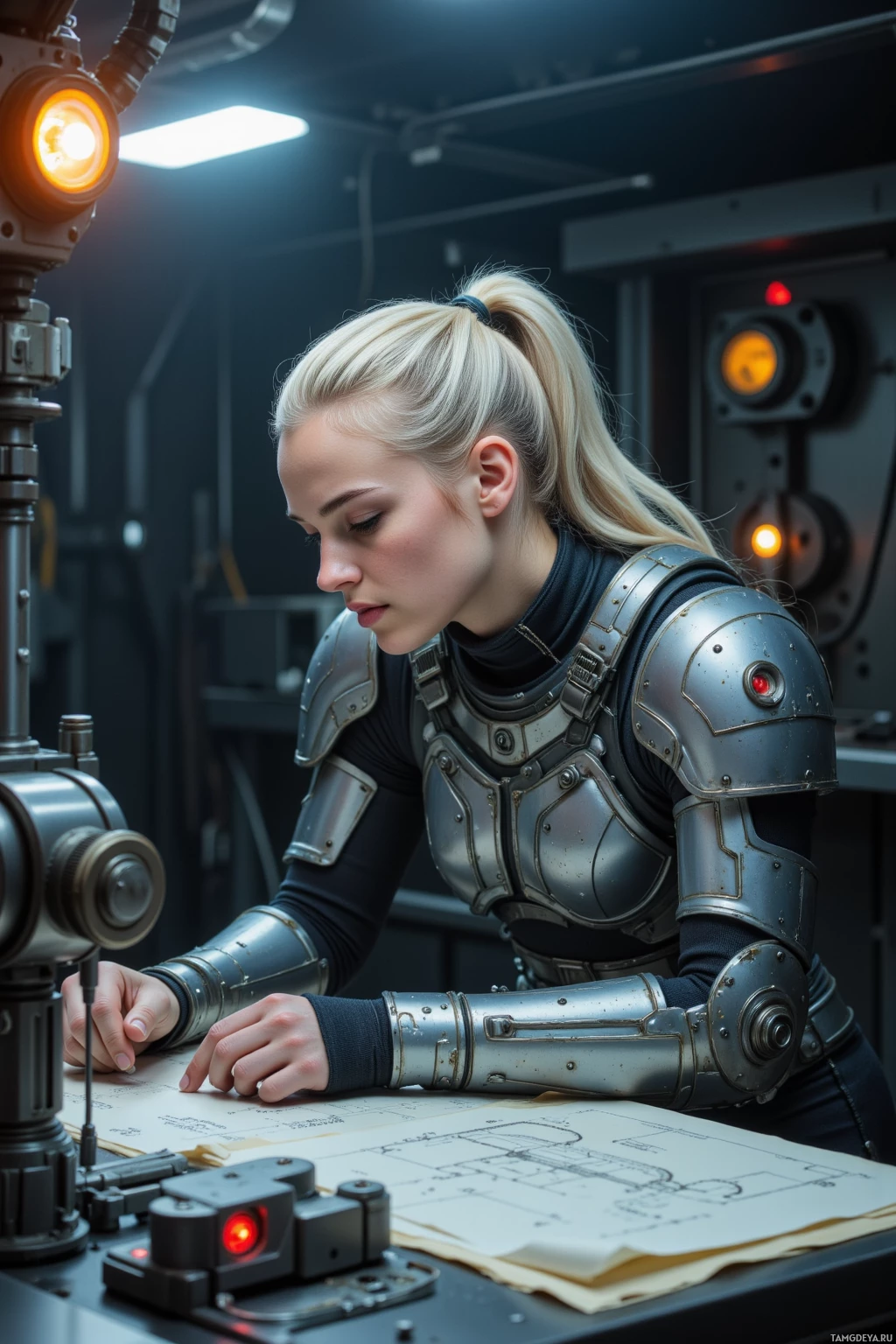 Realistic high quality photo. Female engineer, 29, silver ponytail, blue eyes, pale complexion, wearing metallic armor‑inspired jumpsuit, hunched over a workbench filled with gears and blueprints under a glowing reactor panel in a dim orbital workshop, intensely focused and humming to herself.