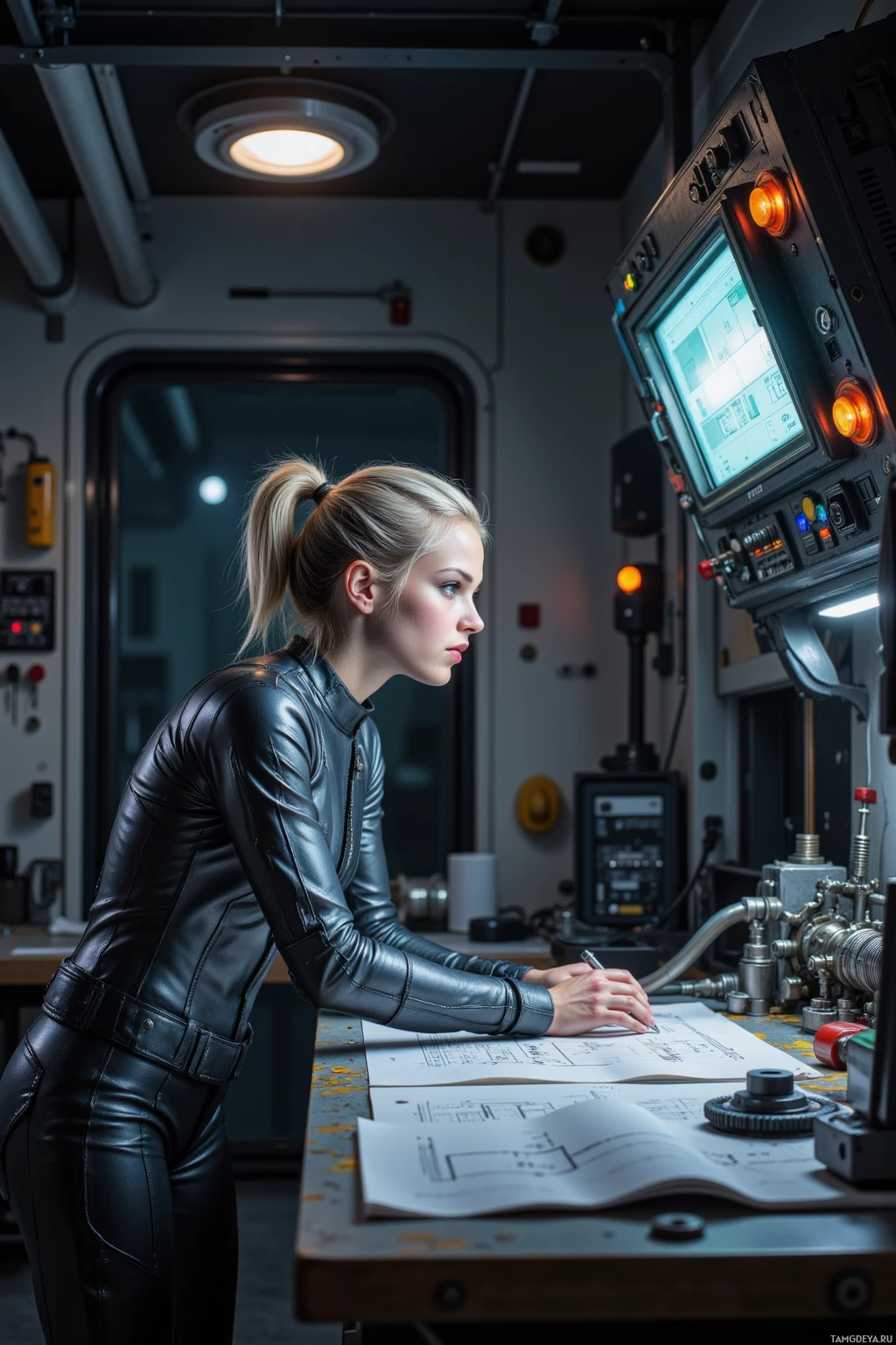 Realistic high quality photo. Female engineer, 29, silver ponytail, blue eyes, pale complexion, wearing metallic armor‑inspired jumpsuit, hunched over a workbench filled with gears and blueprints under a glowing reactor panel in a dim orbital workshop, intensely focused and humming to herself.