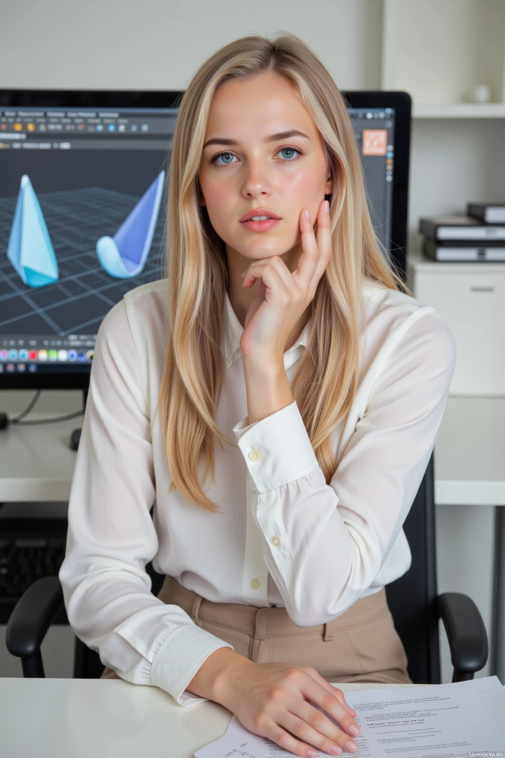 Realistic high quality photo. Female, 30, straight blonde hair, blue eyes, wearing a white blouse and beige slacks, sitting at a modern office desk with a computer monitor showing a 3D mesh with a single non‑manifold edge, a visible backup folder icon on the screen, her hand poised over the mouse with a frustrated expression, organized workspace with a stack of backup copies, late afternoon lighting.