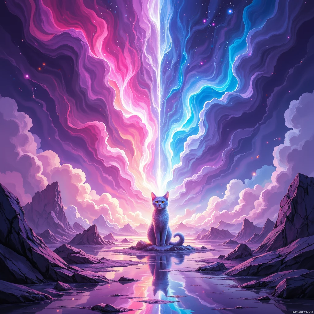 Semi-abstract image with many empty light space at center of beautiful background, that is suitable for the post:  My cat's whiskers hum like a hidden soundtrack, guiding my chibi sketches through the neon dreamscape.
