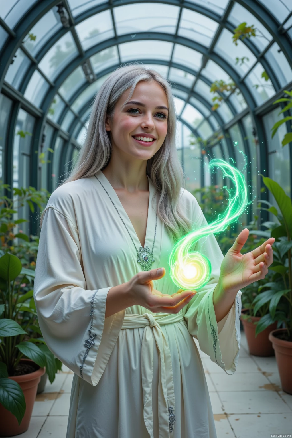 Realistic high quality photo. A 26‑year‑old woman with long silver hair, green eyes, wearing a flowing white robe with silver embroidery cinched at the waist, laughing as she weaves swirling stardust into a glowing mythic construct inside an orbital greenhouse filled with glass panels and floating bioluminescent plants, with soft interior light and faint floating code glyphs.