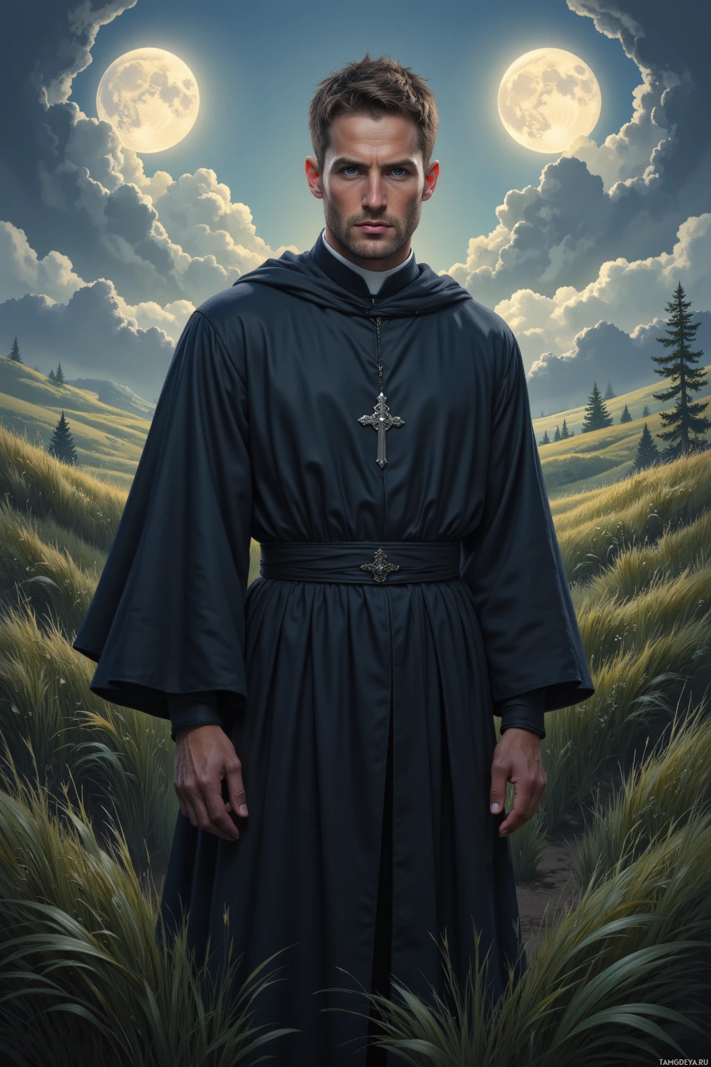 Realistic high quality photo. Man, 45, short light brown hair, piercing blue eyes, fair skin, strong features with a slight crease between his eyebrows, wearing a dark clerical robe that falls just above his ankles and a silver cross pendant, standing in a tranquil valley with dew‑laden grass, wind gently swirling, twin moons illuminating the scene, exuding calm wisdom.