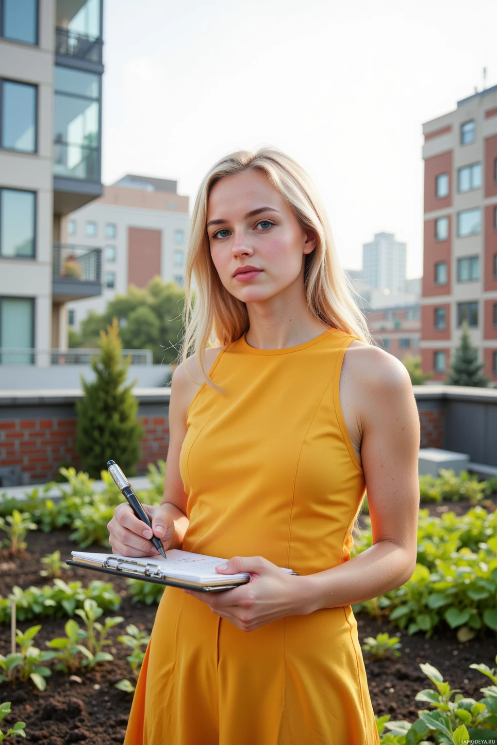 Realistic high quality photo. A 29‑year‑old woman with long blonde hair, bright blue eyes, pale skin, wearing a bright yellow dress, stands on a school rooftop garden at first light, drafting a solar panel proposal on a clipboard as seedlings unfurl around her, surrounded by modern urban rooftops and a sense of hopeful determination.