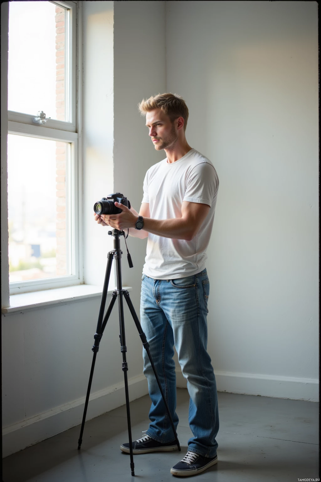Realistic high quality photo. Male 28 with short blonde hair, pale skin, blue eyes, wearing a white T-shirt and well‑worn jeans, standing in a minimalist studio corner with a window bathing the space in late afternoon light, holding a camera on a tripod set to low aperture, framing a single line of light while the distant hiss of a subway and the sound of paper folding echo in the background.