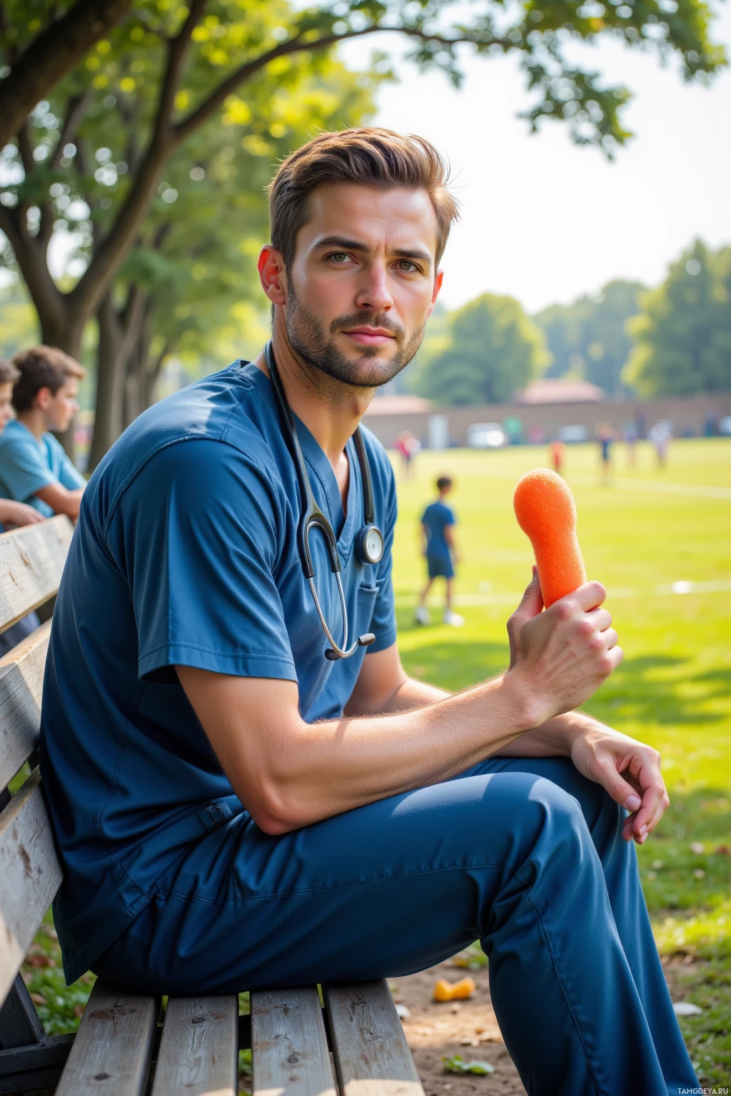 Realistic high quality photo. A 32‑year‑old man with light brown hair streaked with silver, calm green eyes, fair skin, round face, wearing medical scrubs and a stethoscope, sits on a wooden bleacher of a suburban soccer field at noon, clutching a foam finger and watching children play with a steady, supportive expression as sunlight filters through trees.